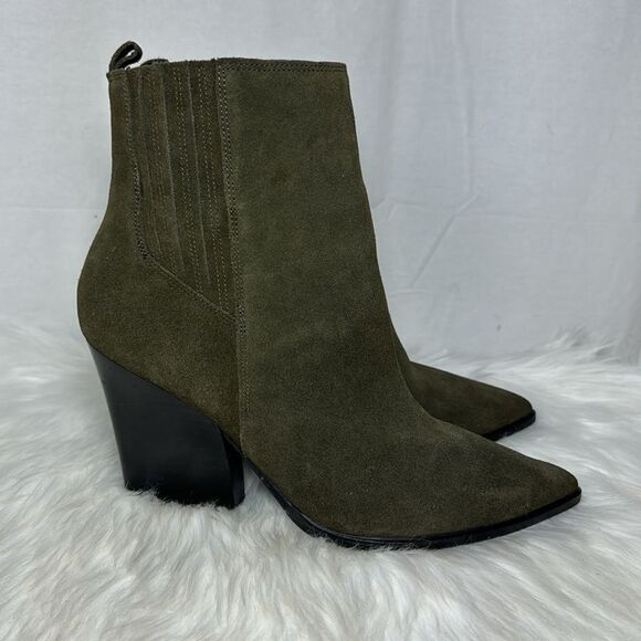 Marc Fisher Mariel Olive Green Leather Block Heel Booties Sz 8.5 - Picture 4 of 7
